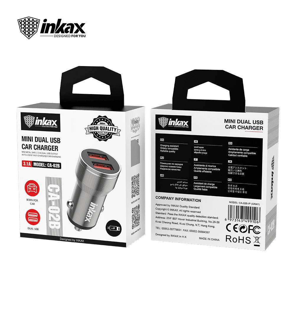 Cargador Inkax de Carro USB Lightning Dual MOD CA-02B