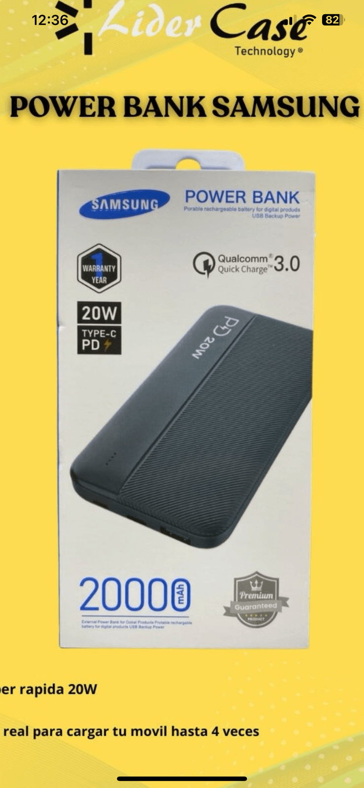 Power Bank 20000MAH Samsung Tipo C 2 USB